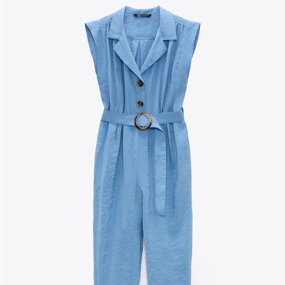 NWT Zara blue short sleeve buttoned up jumpsuit with a tie - Picture 10 of 15